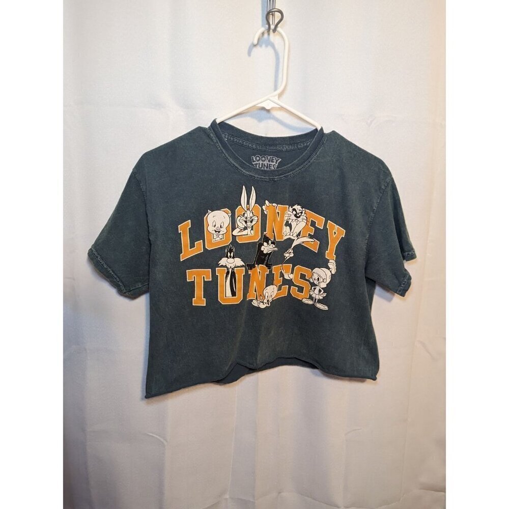 LOONEY TUNES Medium Crop TOP BUGS BUNNY TWEETY DAFFY T-Shirt Raw Hem Green